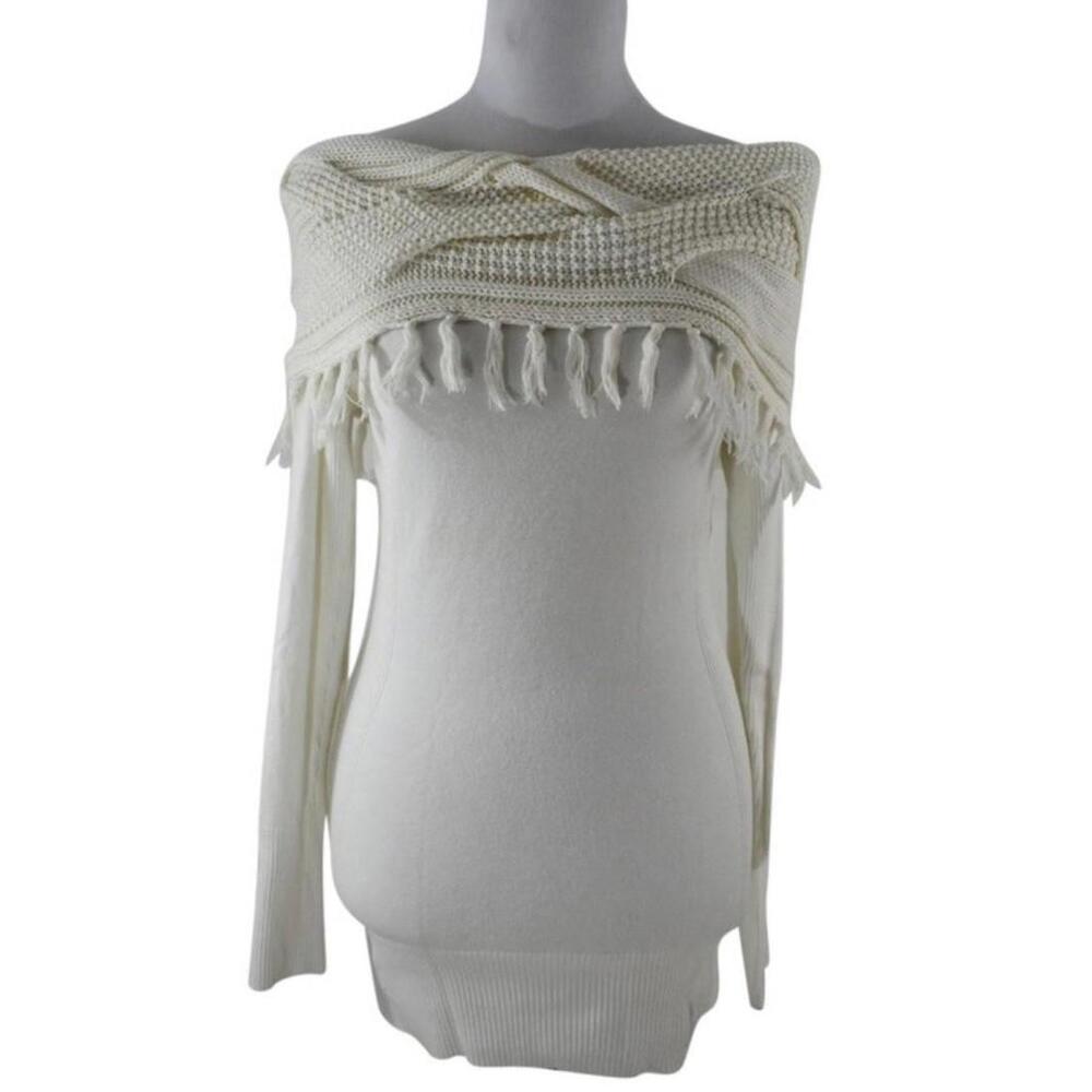 Cache Cream Off Shoulder Tassel Knit Sweater Size Small